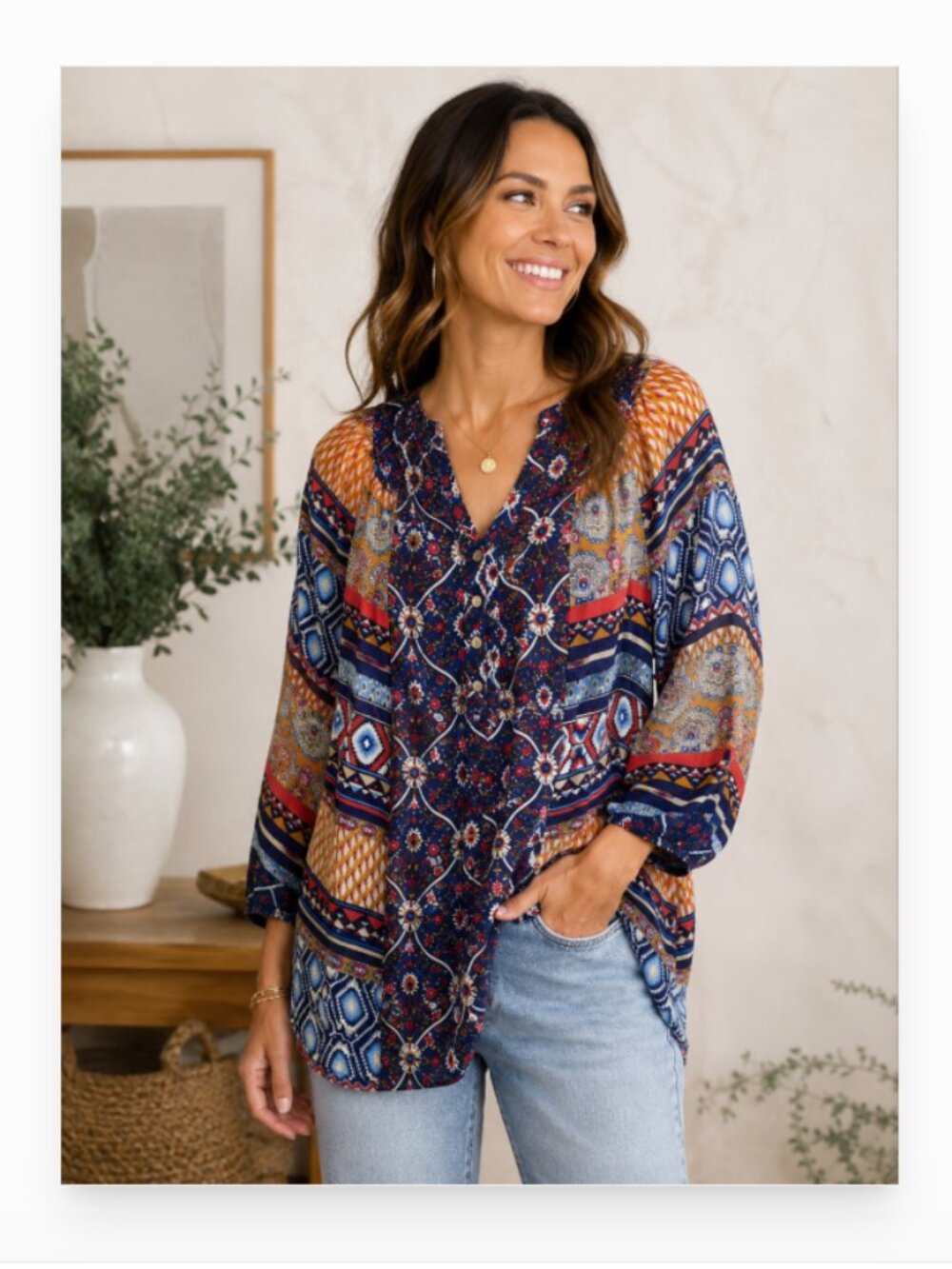 Fig & Flower 2X patchwork floral paisley semi sheer balloon sleeve flowy blouse